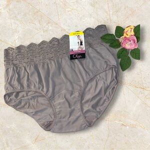 Olga Secret Hug silky panties M/6 Taupe Nylon Hipster Scoop Lace Style 913 NWT
